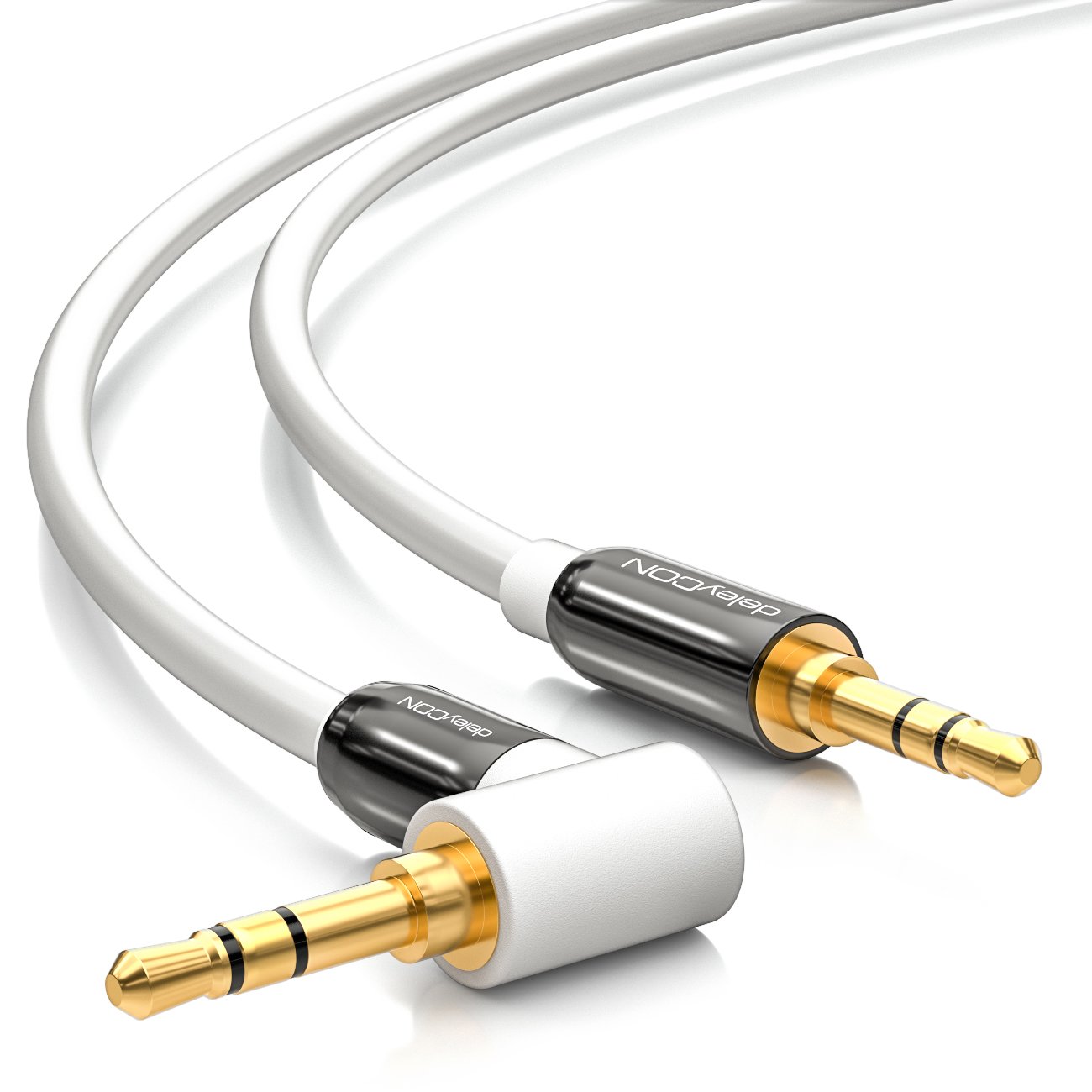 deleyCON 5m (16.40 ft.) White Angled AUX Cable - 3.5mm Jack Plug - Compatible with PC, Laptop, Mobile, Smartphone, Tablet, Car, HiFi Receiver