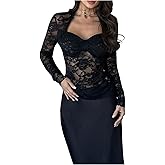 SweatyRocks Women's Lace Long Sleeve Tops Sexy Sheer Mesh Low Cut Slim Fitted Going Out Top