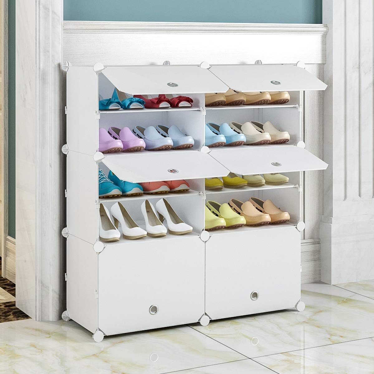 MAGINELS Shoe Rack,Plastic Cube Storage Organizer Units,Modular Shoe Cabinet with Doors, White,12-Cube
