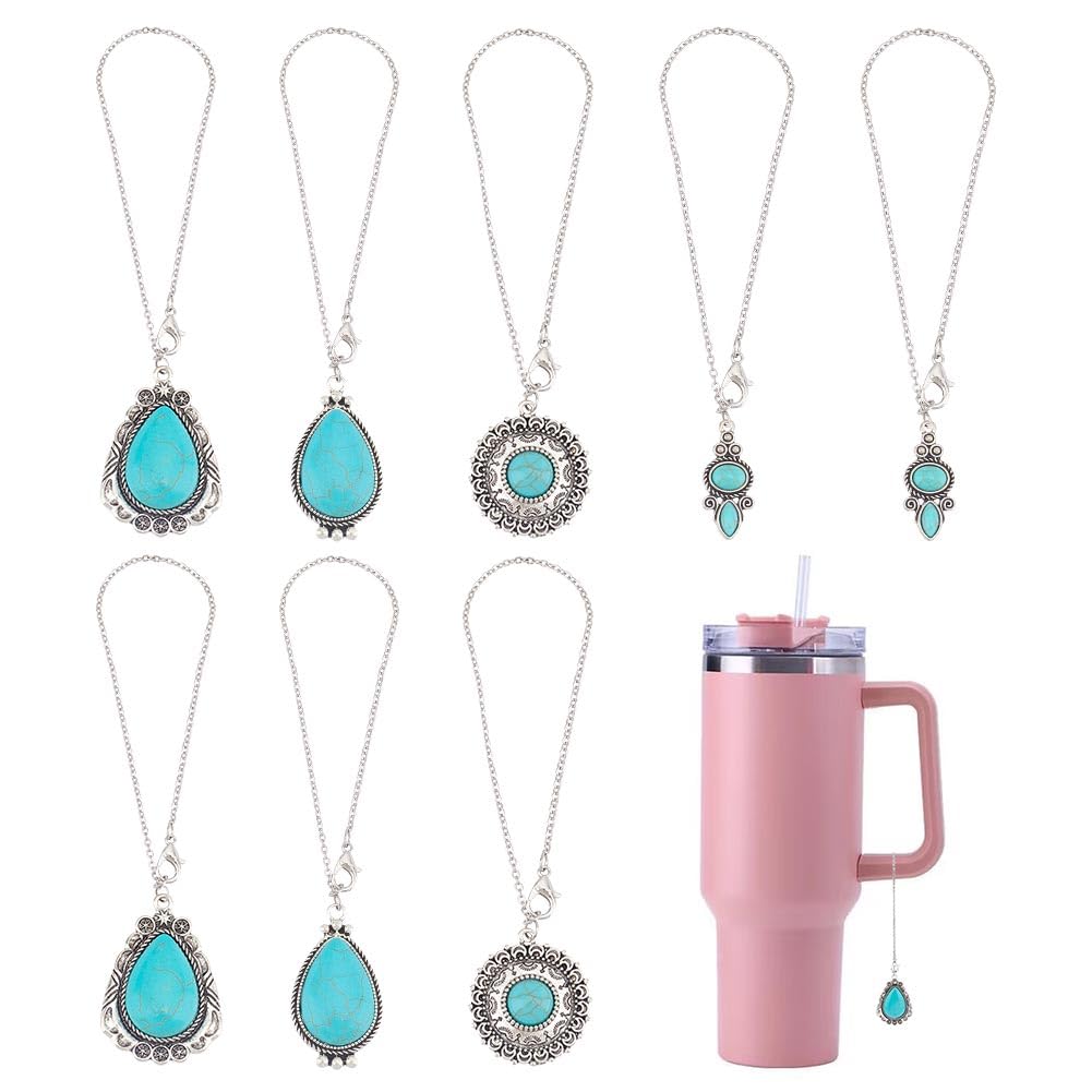 NBEADS 8 Pcs 4 Styles Turquoise Wine Glass Charm Markers Tags, Tibetan Style Wine Charms with Lobster Clasps and Cable Chains for Glasses Tumbler Cup Wine Tasting Party Gift