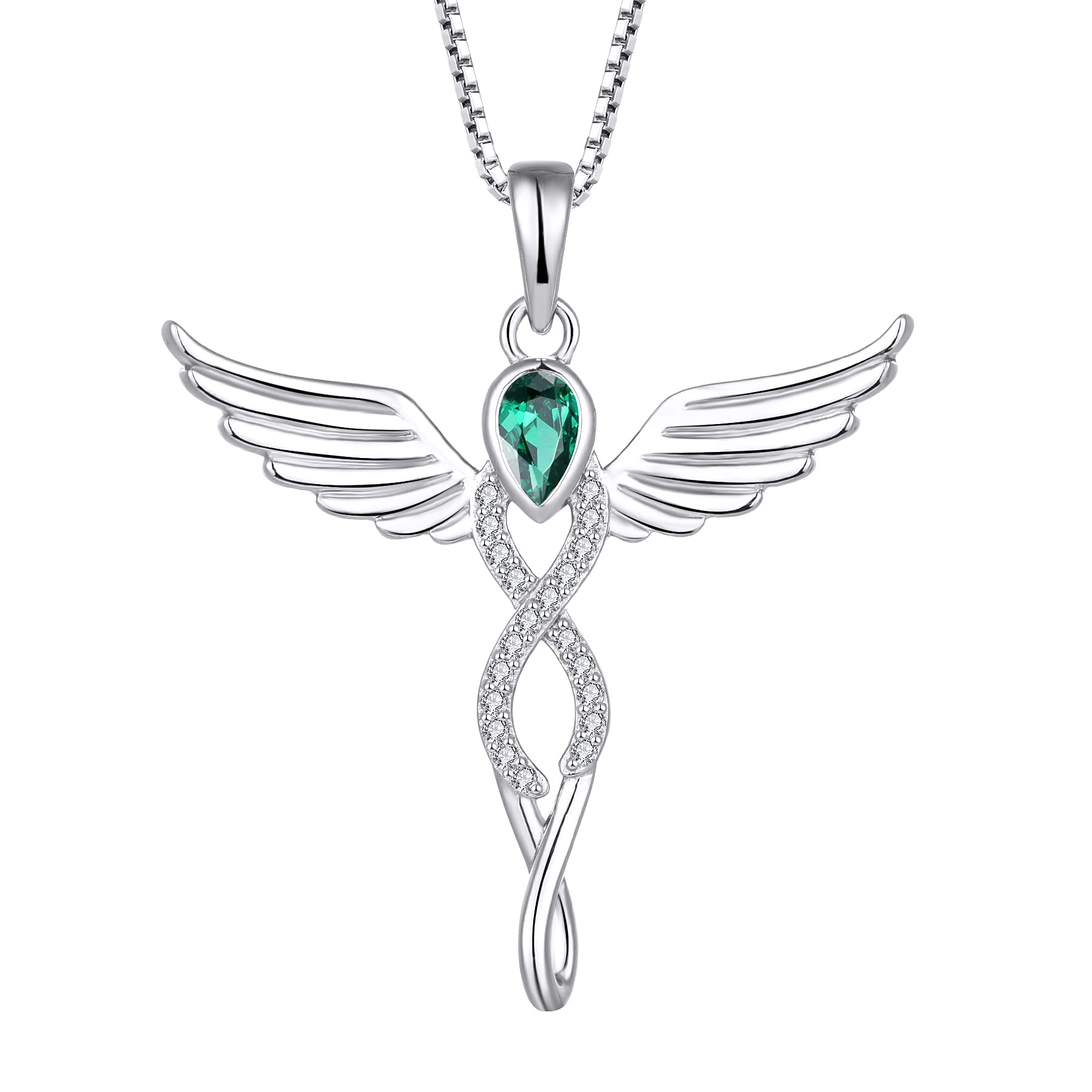FJ Guardian Angel Necklace 925 Sterling Silver Infinity Angel Wings Pendant Emerald Necklace May Birthstone Jewellery for Women