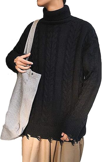 Amazon Zhongjue ジュージェン ニットセーター メンズ タートルネック ケーブル編み セーター 冬 あったか 韓国ファッションプルオーバーセーター 黒 カジュアル タートル ニット セーター 通販