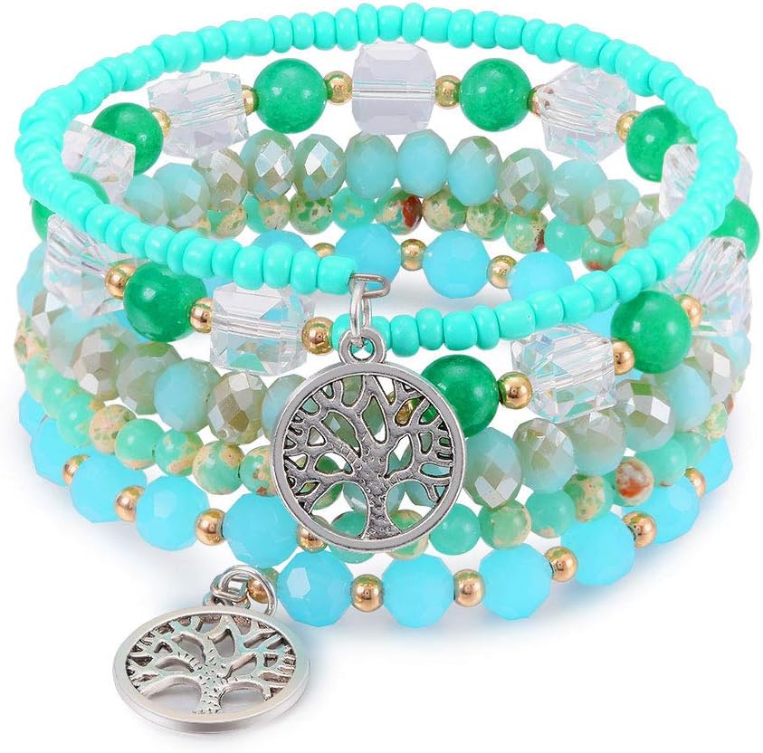 Cat Eye Jewels Layered Wrap Bracelet Gemstone Amethyst Crystal Lava Imitated Pearl Turquoise Tree of Life Charm Bangle Bracelets for Women Girls Boho Jewelry