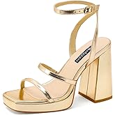 MIRAAZZURRA Platform Strappy Heel Sandals Square Open Toe Two Strap Chunky High Heeled Sandals with Buckle Ankle Strap for Women Party Wedding Dress