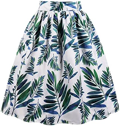 KILLREAL Women's Vintage Retro Casual Knee Length High Waisted A-Line Unique Green Leaves Printed Pleated Flare Skirt White Small
