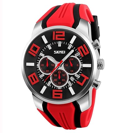 Fashion Sport Silicone Strap Three Eyes Quartz Wristwatch For Men, Red