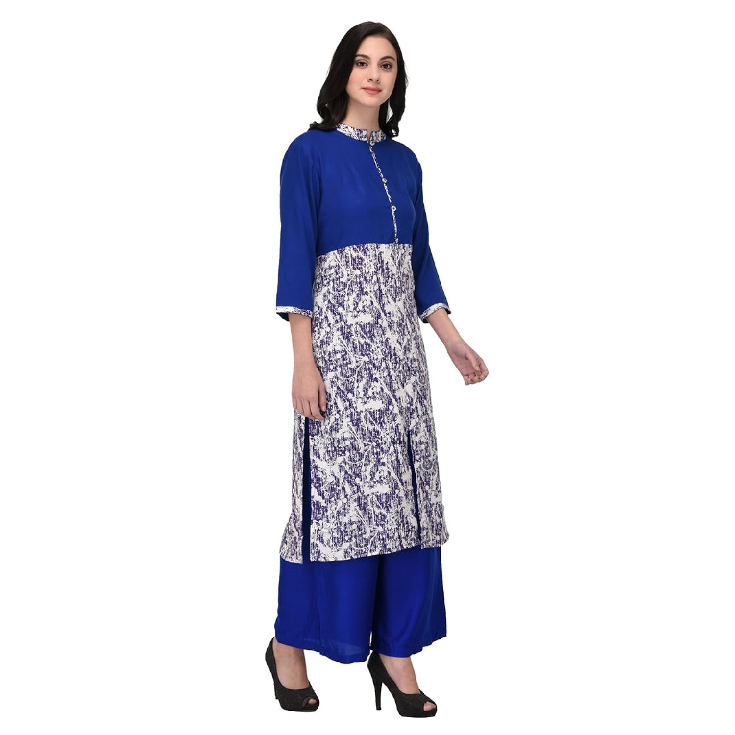 inaayo women's rayon 3/4 sleeve printed frontslit kurti with matching plazzo