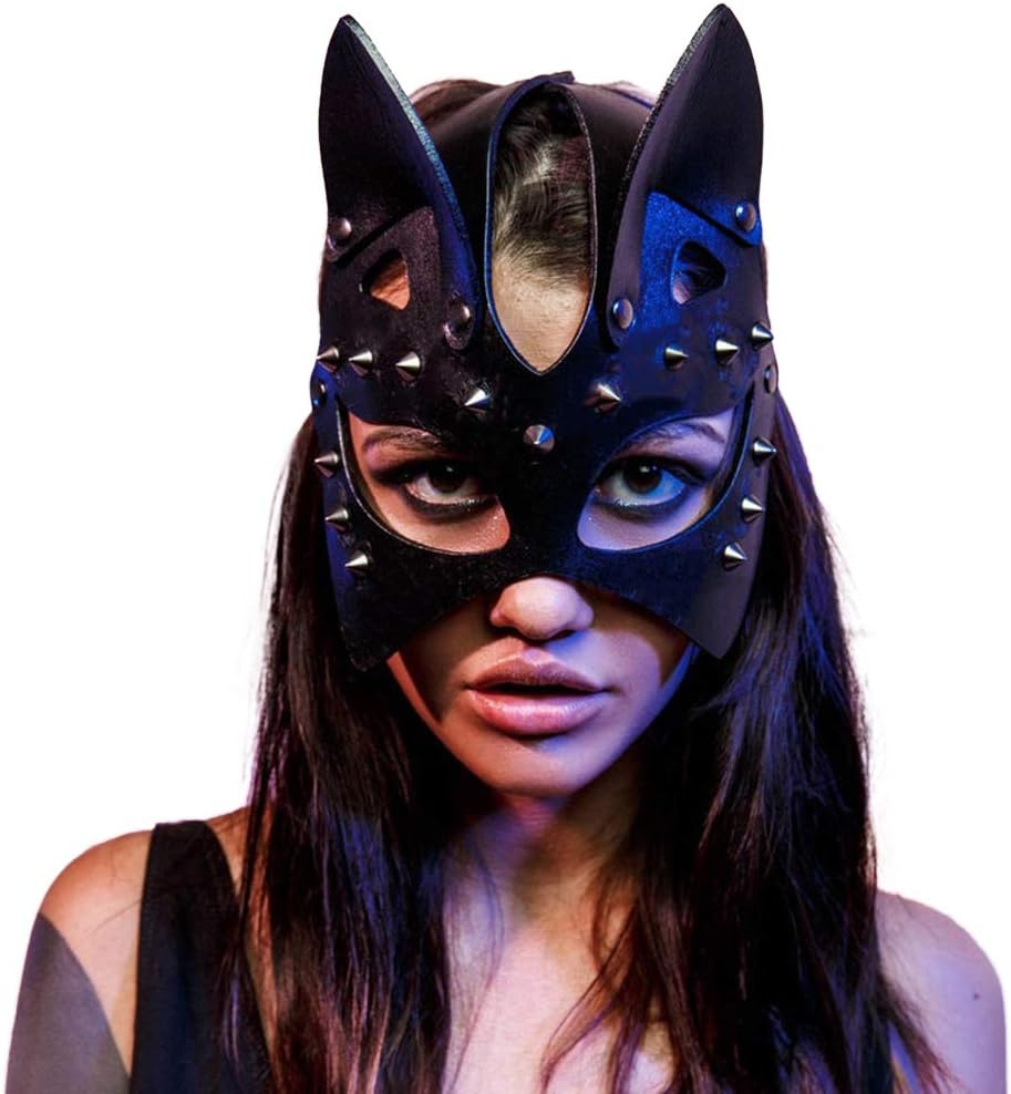 YEKKU Halloween Sexy Cat Mask, Cosplay Cat PU Leather Rivet Mask Cat Ear Half Face Mask Women Girls Sexy Cat Ear Black Mask for Halloween Cosplay Party Prom Costume