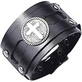 NIGHTCRUZ Wide Leather Bracelet with Cross, Medieval Leather Cuff Wristband for Mens