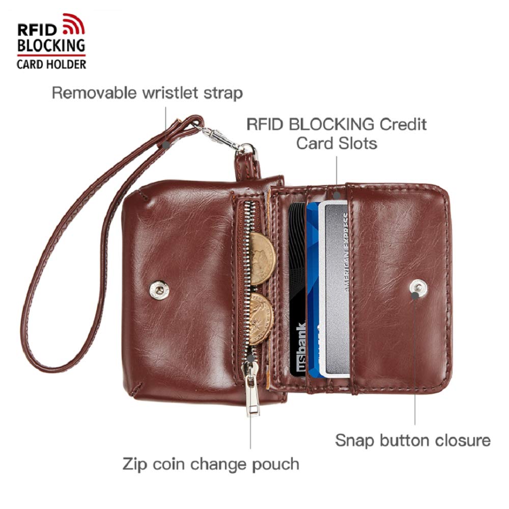 Womens Small Wristlet Leather Coin Purse, RFID Blocking Credit Card Wallet Case (Coffee)
