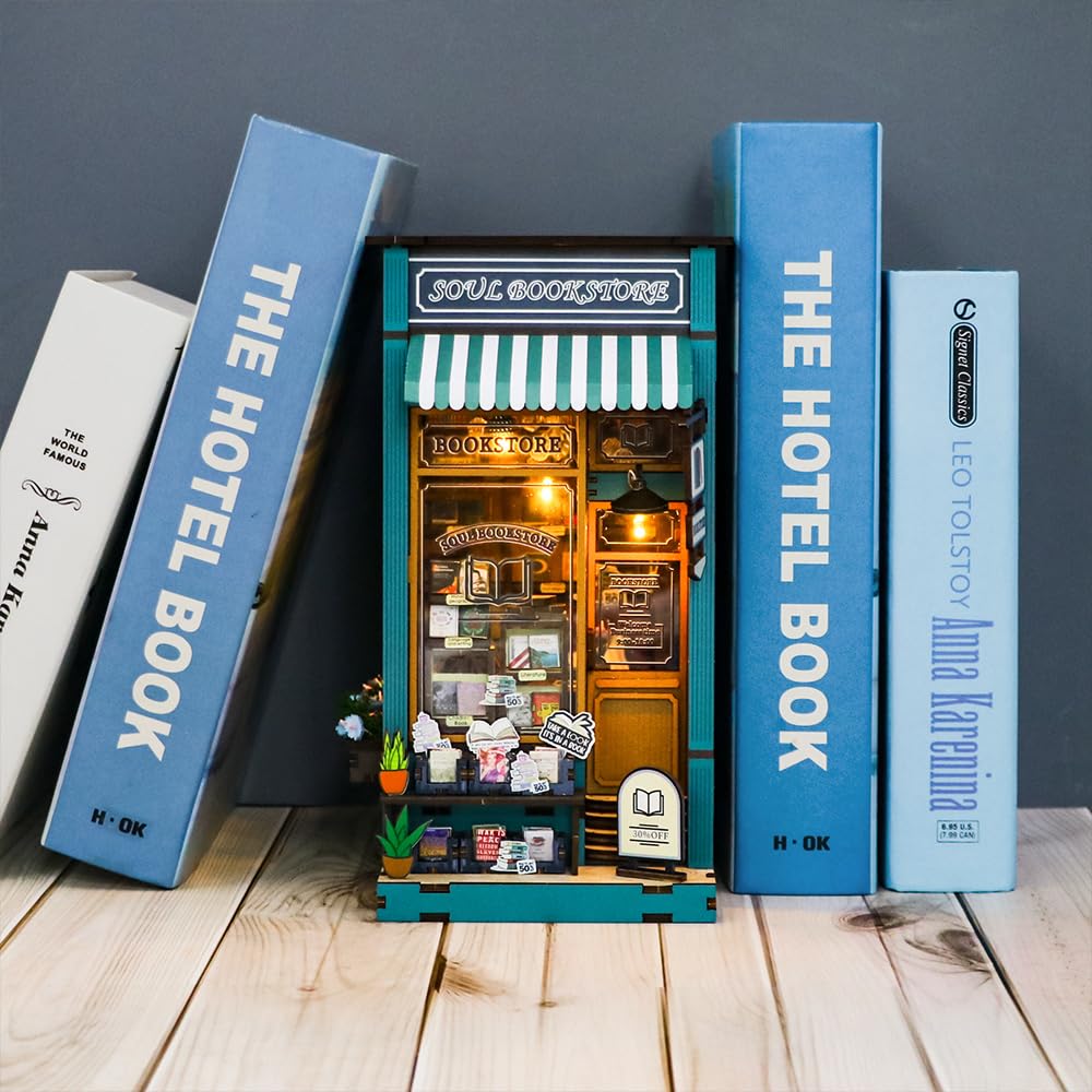 DIY Book Nook Kit, DIY Dollhouse Booknook, 3D Wooden Puzzle Bookends, Book Nook Miniature Kits with LED Light for Adults(M2314)