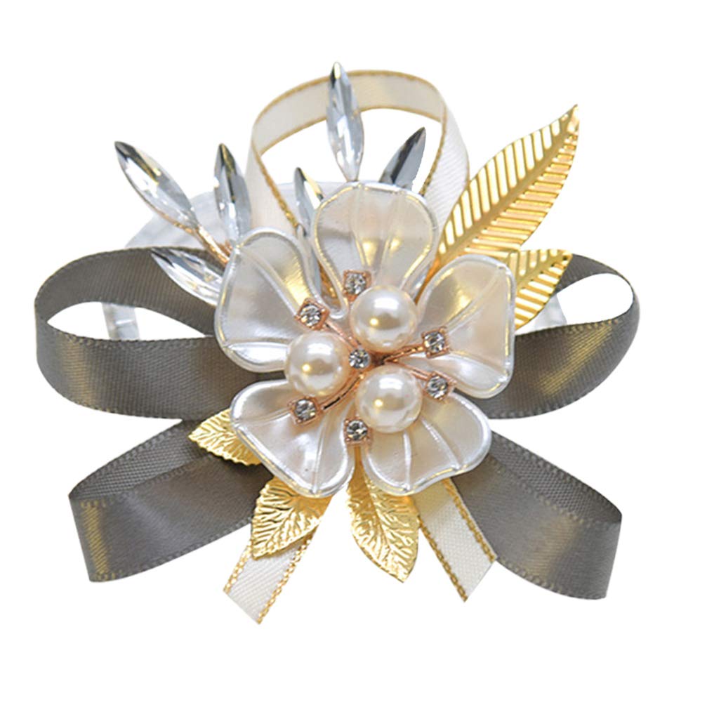 PRETYZOOM Bridal Wrist Corsage Bridal Silk Wrist with Pearl Bead Stretch Bracelet Wristband Gold Leaf for Wedding Prom Hand Flowers Decor