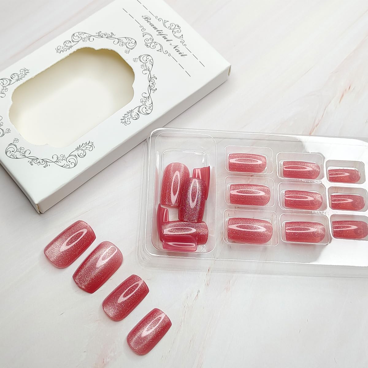 24Pcs Cat Eye Press on Nails Medium Square Fake Nails Pink Cat Eye Glitter Glossy Designs Full Cover Stick on Nails Artificial Nails Acrylic False Nails Glue on Nails for Women Manicure Decorations - Image 4