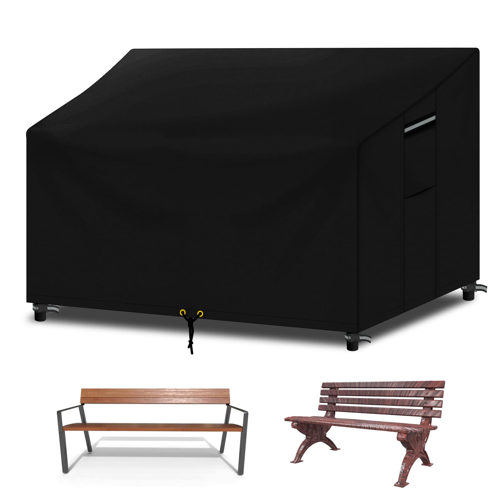 RICHIE Bench Covers Waterproof 3 Seater with Air vent, Windproof Anti-UV Tear-proof Heavy-duty 600D Oxford Fabric and PVC Lining, 3 seater Outdoor Bench Cover Sofa Cover (163x66x63/89cm) - Black