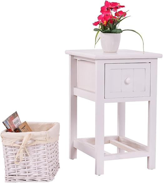 Amazon Com Giantex Nightstand With Drawer And Layer Wicker Basket Wooden Mini Organizer For Bedroom Bedside Sofa End Table 1 White Kitchen Dining