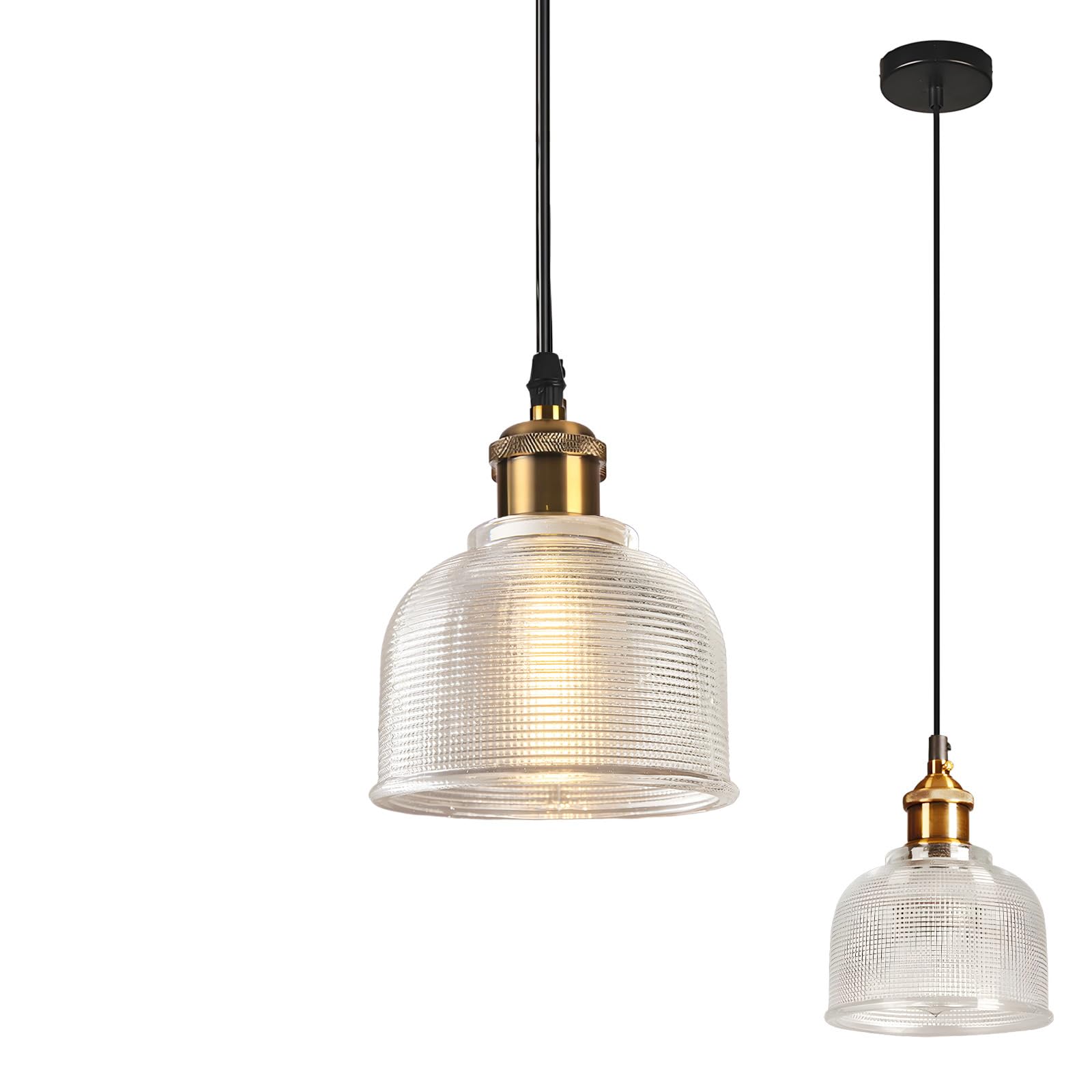 LFsem Industrial Vintage 15cm Glass Pendant Light Fixture, Antique Bronze E27 Base, Height Adjustable Loft Bar Ceiling Hanging Light for Dining Room Kitchen and Bedroom (Clear)