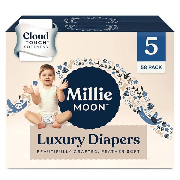 MILLIE MOON LUXURY DIAPERS – SIZE 5 (28-39LBS), 58 COUNT, CLOUDTOUCH ULTRA SOFT DIAPERS, UP TO 12HR ABSORBENCY, DOUBLE LEAK GUARD AND WETNESS INDICATOR