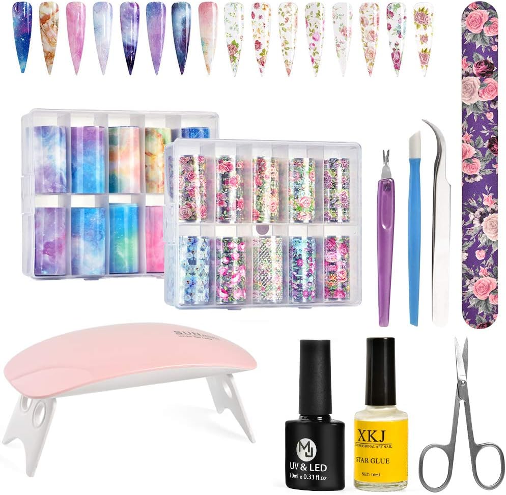 Nail Art Foil Glue Gel with Foil Transfer Stickers Set, Alitake Nail Foil Transfer Stickers Sky Starry & Flower DIY Decoration UV LED Nail Lamp Included