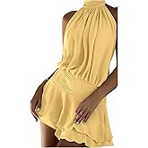 Floerns Women's Summer Mini Dress Sleeveless Halter Backless Ruched Date Night Layered A Line Dresses