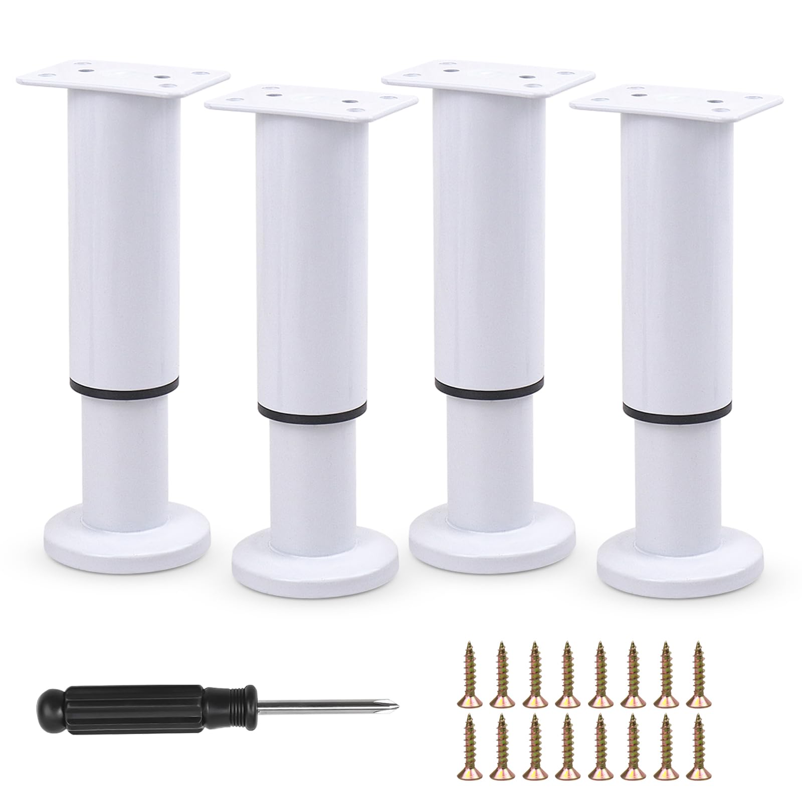 Furniture Adjustable Legs, Metal Bed Support Leg Central Slat Frame Couch Replacement Support Leg Part Heavy Duty Furniture Foot with Screwdriver for Cabinet/Dresser/Table/Sofa 12-18cm (White 4 Pcs)
