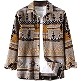FindThy Men’s Brushed Flannel Shirts Ethnic Aztec Print Button Up Lapel Tribal Shirt Jacket Shacket