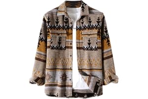 FindThy Men’s Brushed Flannel Shirts Ethnic Aztec Print Button Up Lapel Tribal Shirt Jacket Shacket