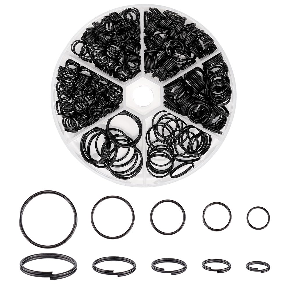 PH PandaHall 373pcs Split Key Rings, Black Metal Keychain Rings 5 Sizes Split Keyrings Flat Ring Flat O Rings Keychain Holders for Men Women Home Car Office Keys Attachment, 8/10/12/15/20mm