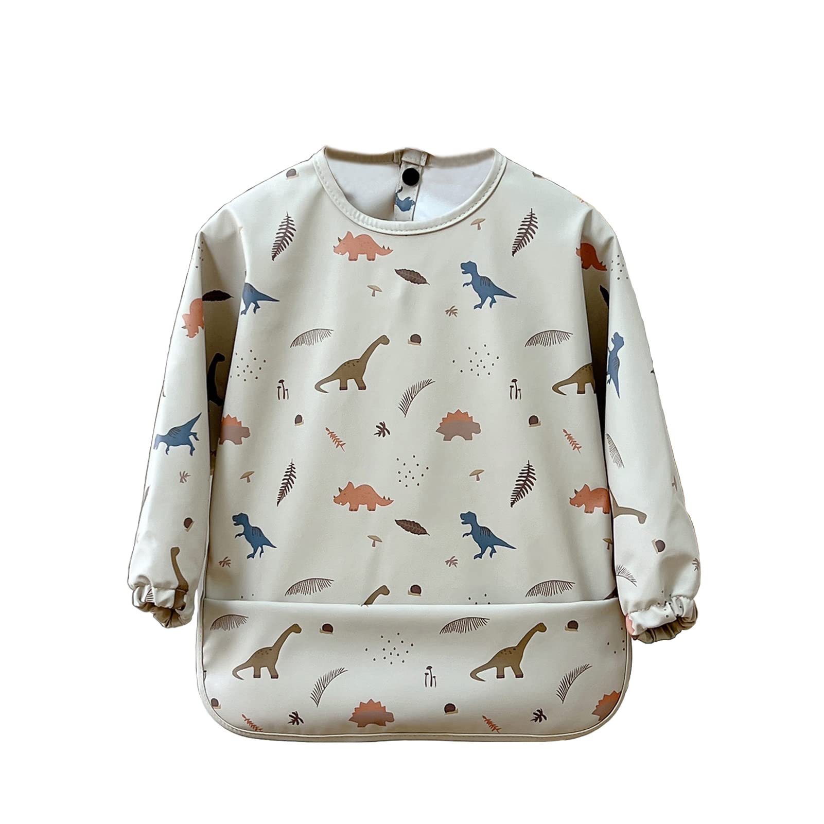 Cozozn Baby Weaning Bib Long Sleeves Toddler Feeding Bibs with Arms Plastic Back Waterproof Coverall Weaning Bib 2-4 Years, Dinosaurs Beige