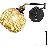 Homkin Rattan Plug in Wall Sconce Hand-Woven Rattan Swing Arm Wall Lamp with USB Port and Dimmer Switch Black Vintage Wall Li