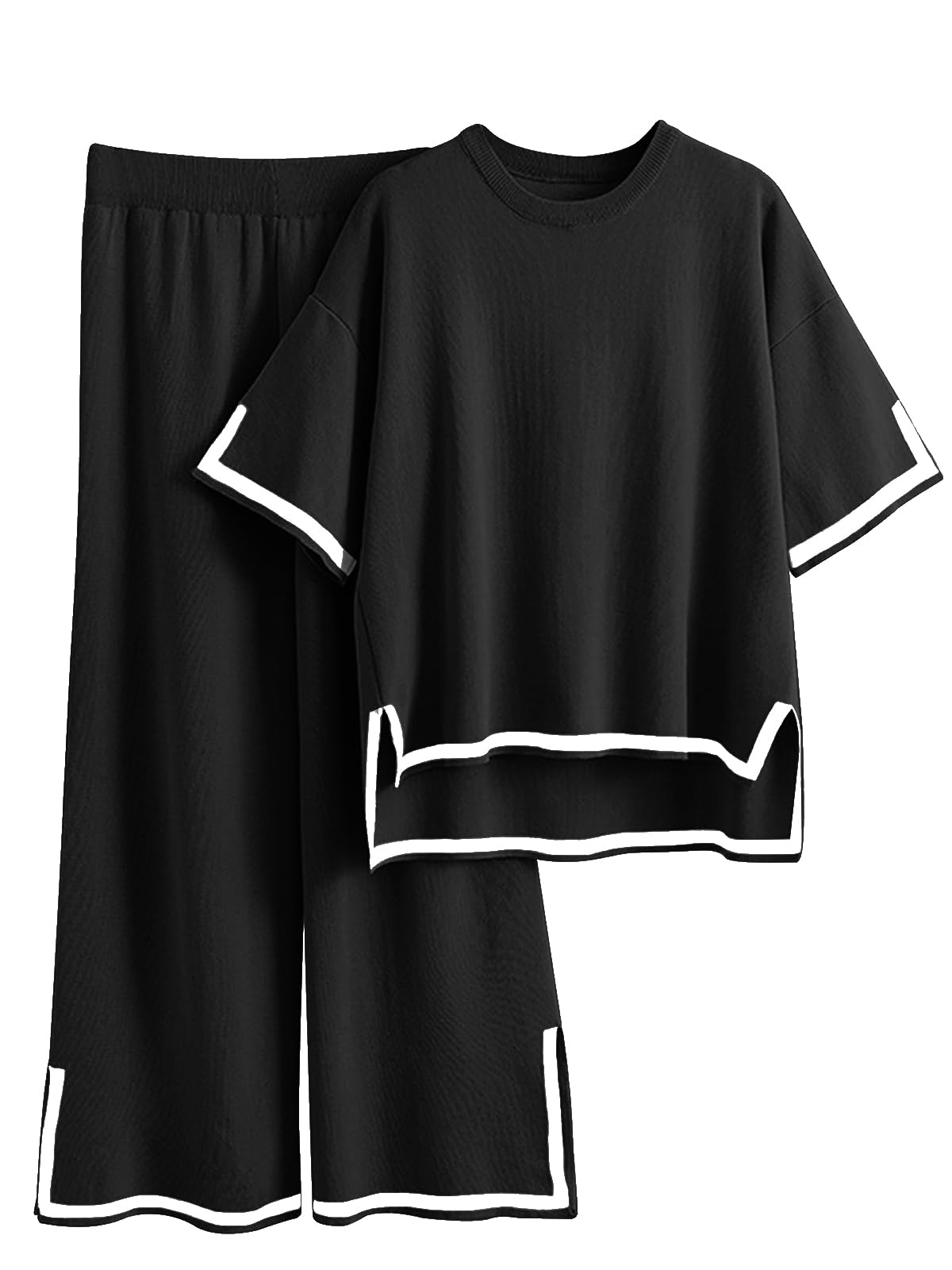 Photo 1 of (PANTS ONLY) Imily Bela Womens Plus Size Lounge Sets 2 Piece Outfits Short Sleeve Pullover Tops Wide Leg Pants Summer Travel Outfits Black