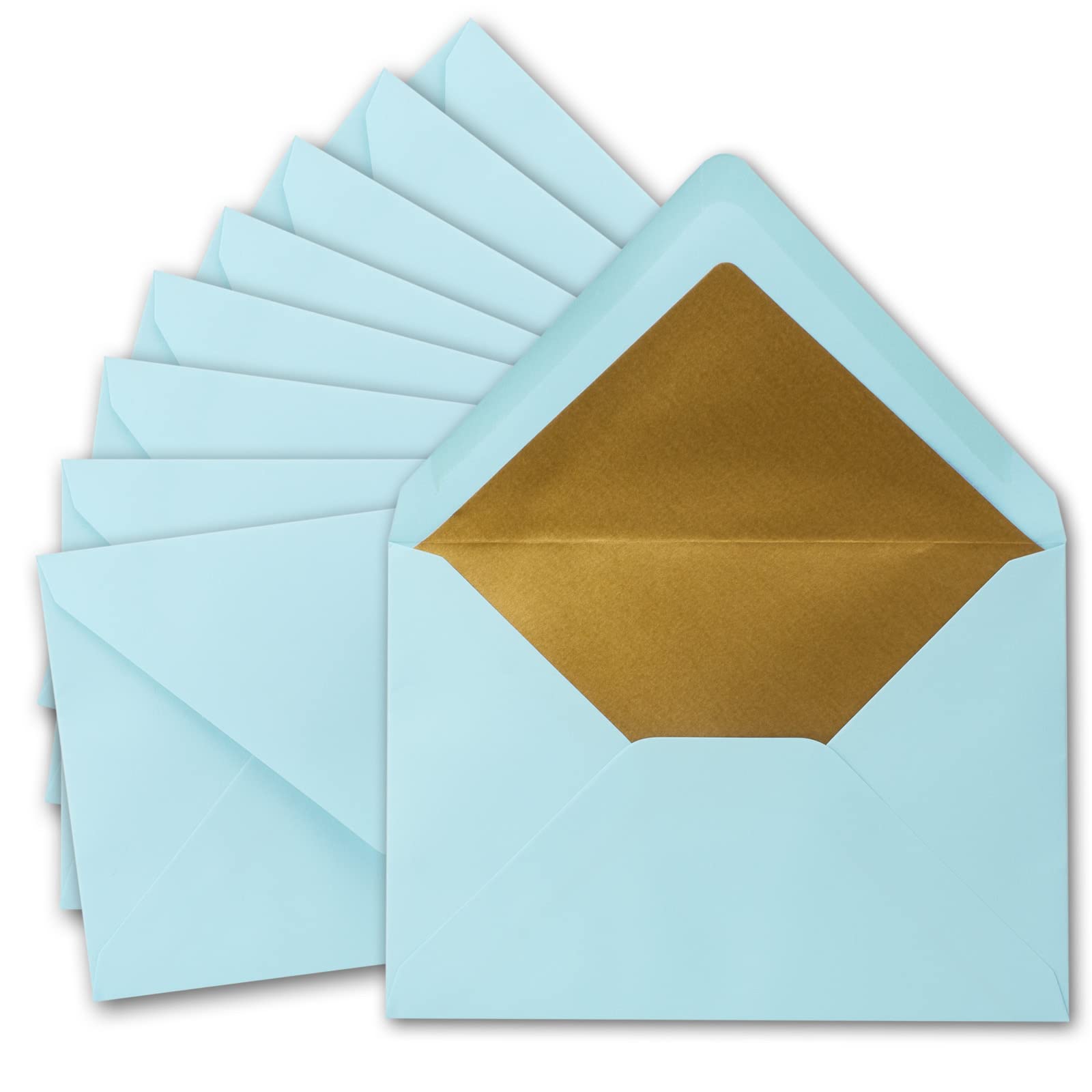 NEUSER PAPIER Gustav Neuser 10x Metallic Gold Lined Envelopes DIN C5 Light Blue 156 x 220 mm Wet Seal with Pointed Flap