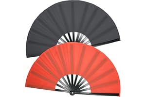 OMyTea Large Rave Clack Folding Hand Fans for Men/Women - Chinese Japanese Kung Fu Tai Chi Handheld Fans - for EDM, Music Festival, Club, Event, Party, Dance, Performance, Decoration (Black & Red)
