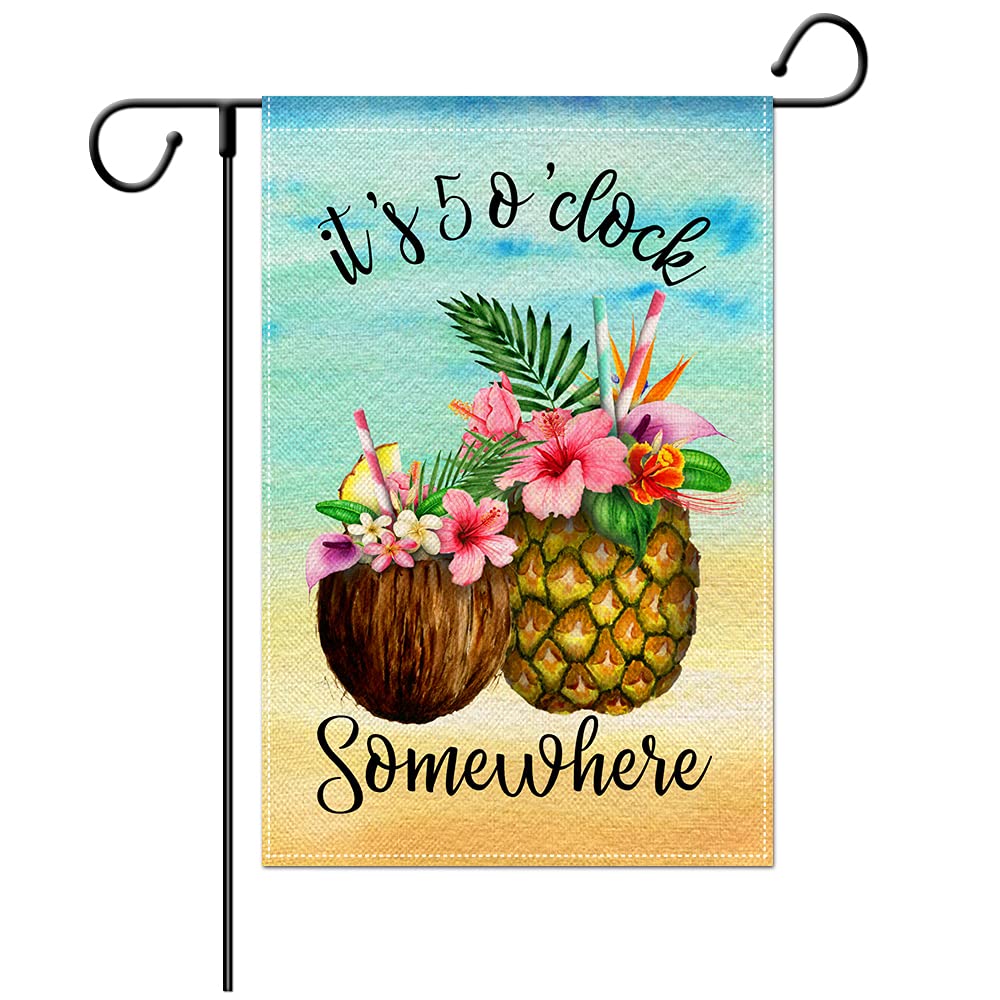 Jartinle Summer Beach Garden Flag, It's 5 O'clock Somewhere Small Yard Flag Double Sided, Coconut Pineapple Tropical Outdoor Holiday Party Decor 12.5x18