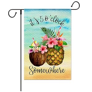 Jartinle Summer Beach Garden Flag, It's 5 O'clock Somewhere Small Yard Flag Double Sided, Coconut Pineapple Tropical Outdoor Holiday Party Decor 12.5x18