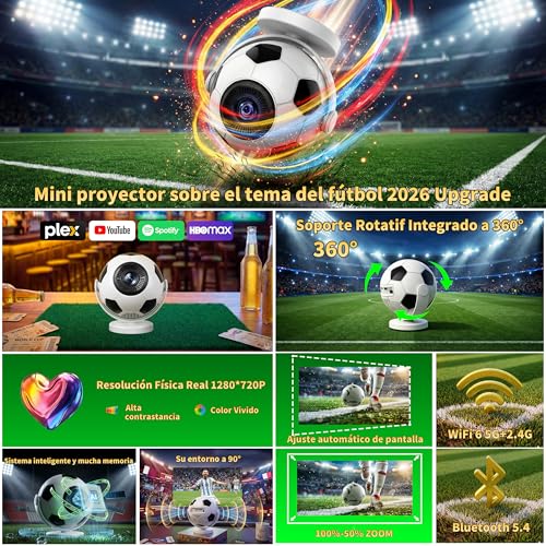 [Built-in Apps & 2026 Football Proyector] Mini Proyector Support 4K 1280P with WiFi 6 and Bluetooth 5.4, Auto Keystone 360° Rotatable Projector Portable Compatibile with HDMI/TV Stick/USB - White