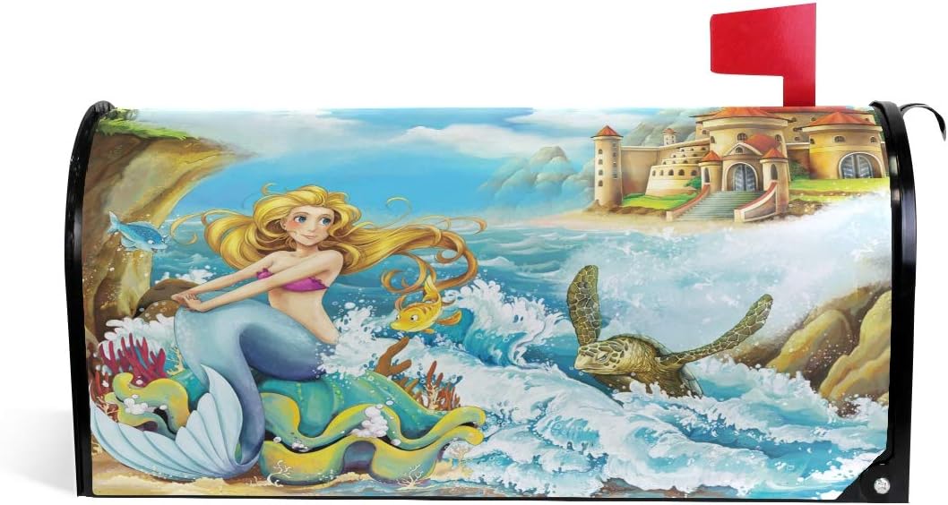 AGONA Cartoon Mermaid Fairy Tale Sea Turtle Magnetic Mailbox Cover Standard Size Mailbox Wraps Decorative MailWraps Post Letter Box Cover Garden Yard Home Decor 21