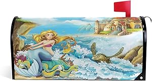 AGONA Cartoon Mermaid Fairy Tale Sea Turtle Magnetic Mailbox Cover Standard Size Mailbox Wraps Decorative MailWraps Post Letter Box Cover Garden Yard Home Decor 21