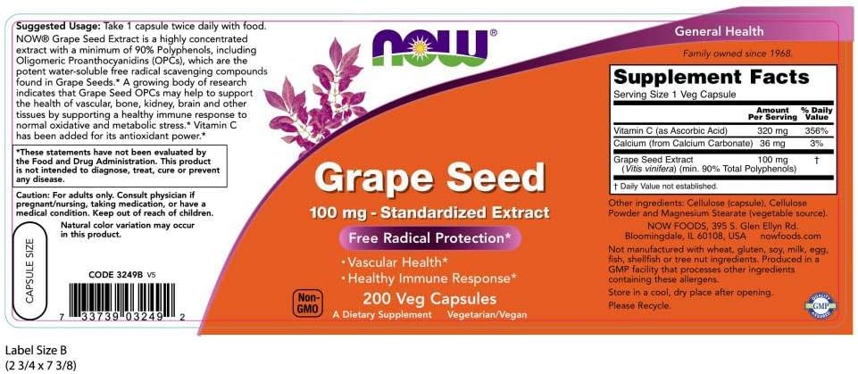 NOW Supplements, Grape Seed 100 mg - Standardized Extract, Highly Concentrated Extract with a Minimum of 90% Polyphenols, with Vitamin C, 200 Veg Capsules: Health & Personal Care