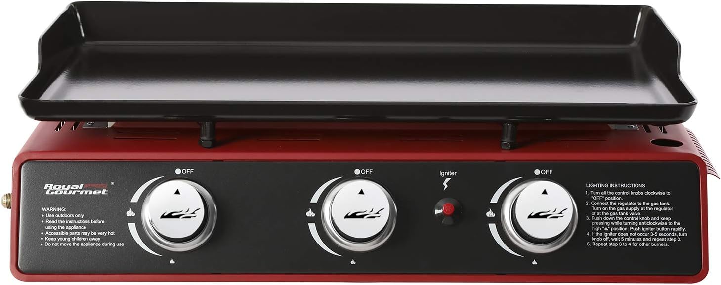 review Royal Gourmet PD1301R 24-Inch 3-Burner Portable Table Top Gas Grill Griddle, 25,500 BTUs, Red
