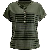 winkbay Women's Summer Striped Short Sleeve T Shirts Button Front Crew Neck Tees Dressy Casual Work Tops