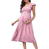 BeautyNee Womens Maternity Dress for Photoshoot Baby Shower Flutter Strap Sleeve Square Neck Smocked Maxi Boho Dress