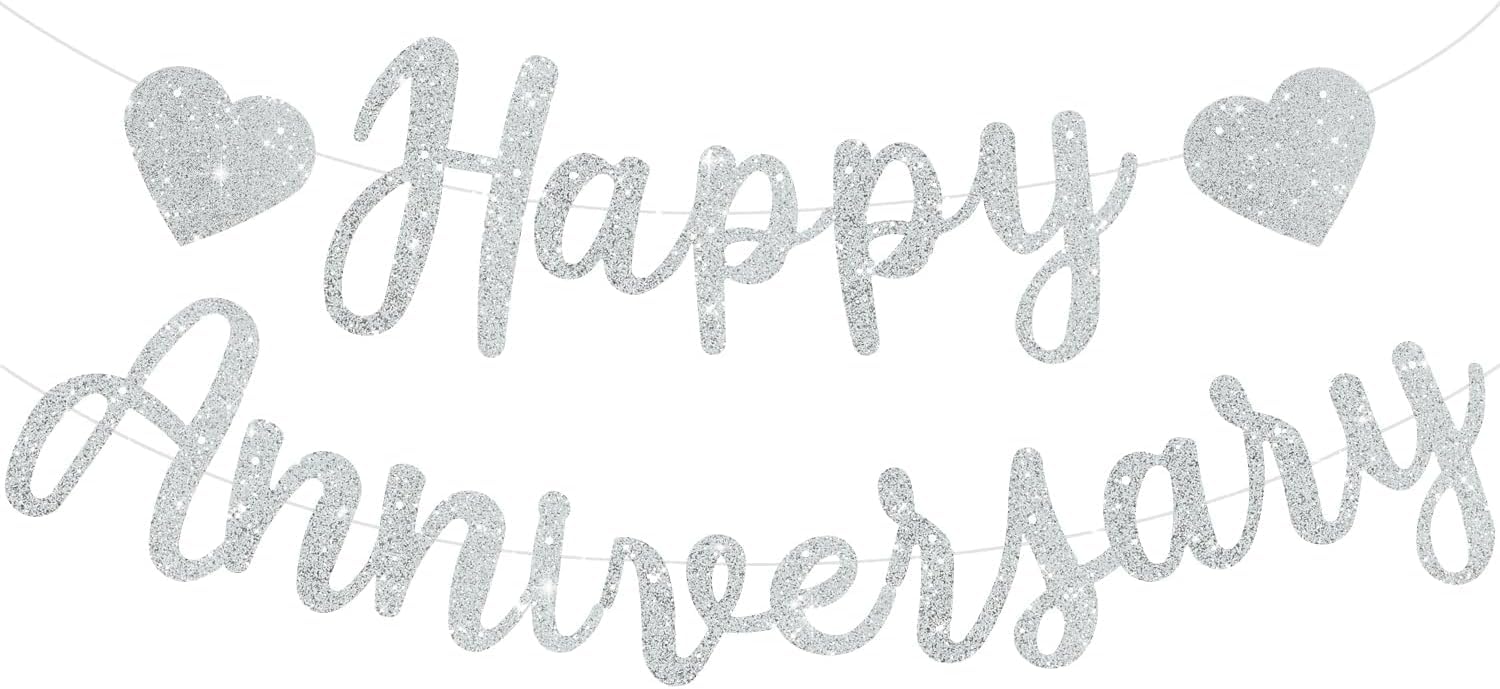 TONIFUL Silver Happy Anniversary Banner, Pre-Strung Silver Glitter - No DIY - Glitter Anniversary Sign — image 1