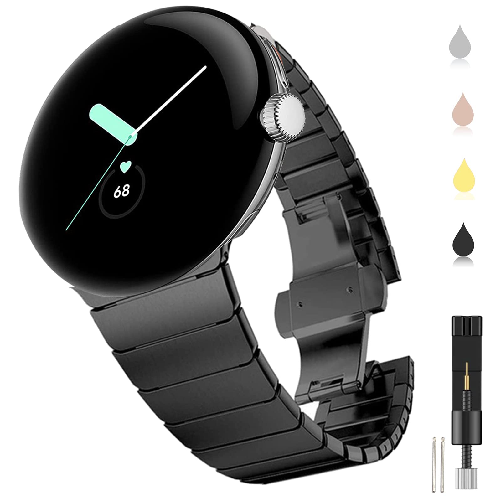 Miimall Metal Strap for Google Pixel Watch 4/3/2/1 41mm Band, Solid Stainless Steel Adjustable Band With Butterfly Clasp Replacement Bracelet Wristband for Pixel Watch 4 41mm-Black