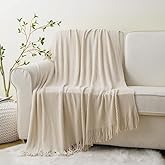 BATTILO HOME Beige Throw Blanket for Couch, Soft Chenille Knit Throws with Tassels for Home Decor, Spring Beige Throws for Couch Cover, 50"x60"