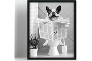 Biufo Framed Wall Art Dog on Toilet Wall Decor Canvas Print Poster Black White Picture for Bathroom Bedroom (8"x10")