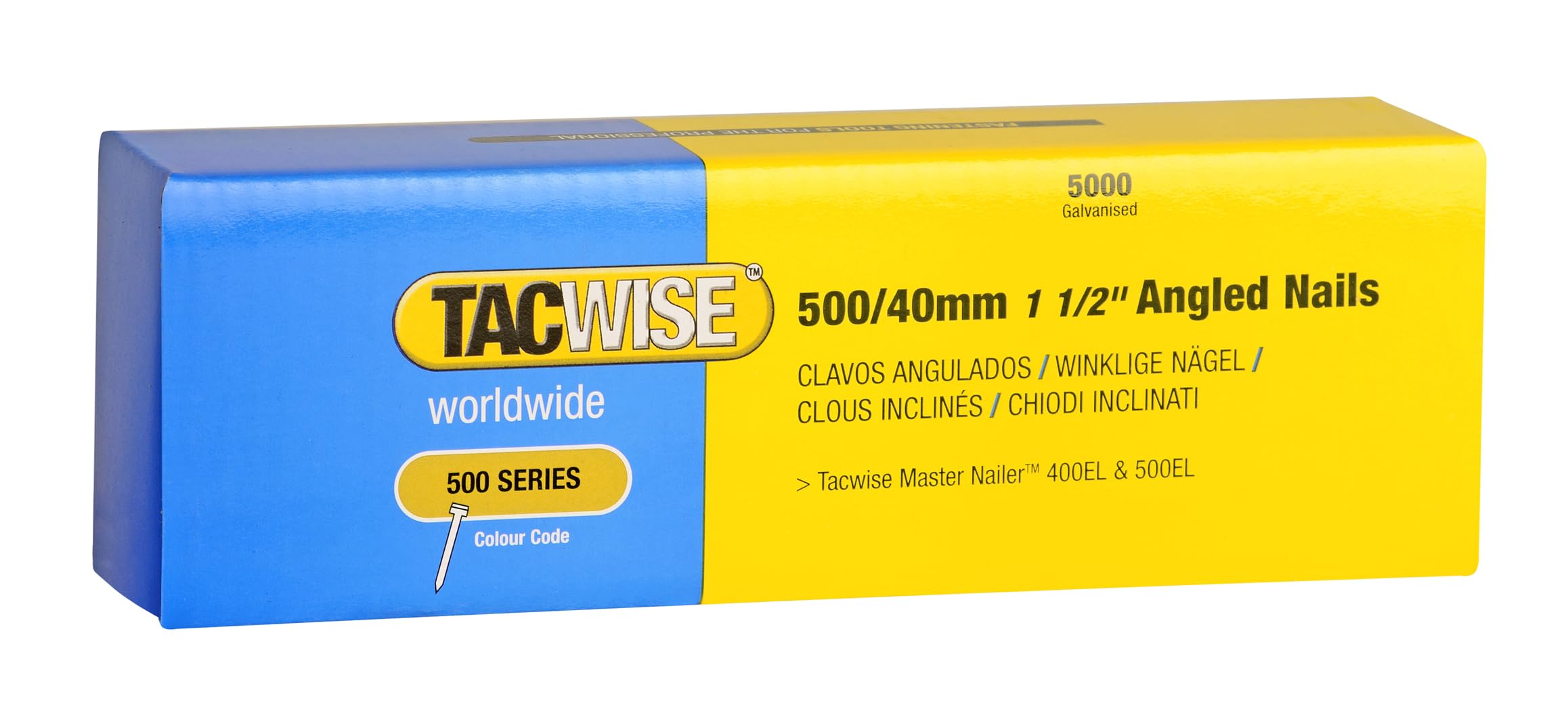Tacwise 0827 Type 500 (18G) / 40 mm Galvanised Angled Brad Nails for 400ELS, 26° Incline, Pack of 5,000