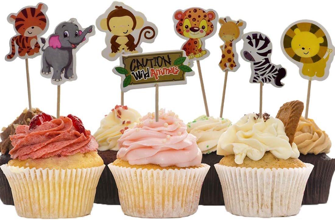 HUIANER Wild Animals Zoo Cupcake Toppers Zebra Lion Tiger Elephant Giraffe Baby Shower Birthday Party Favors, 48 Pcs