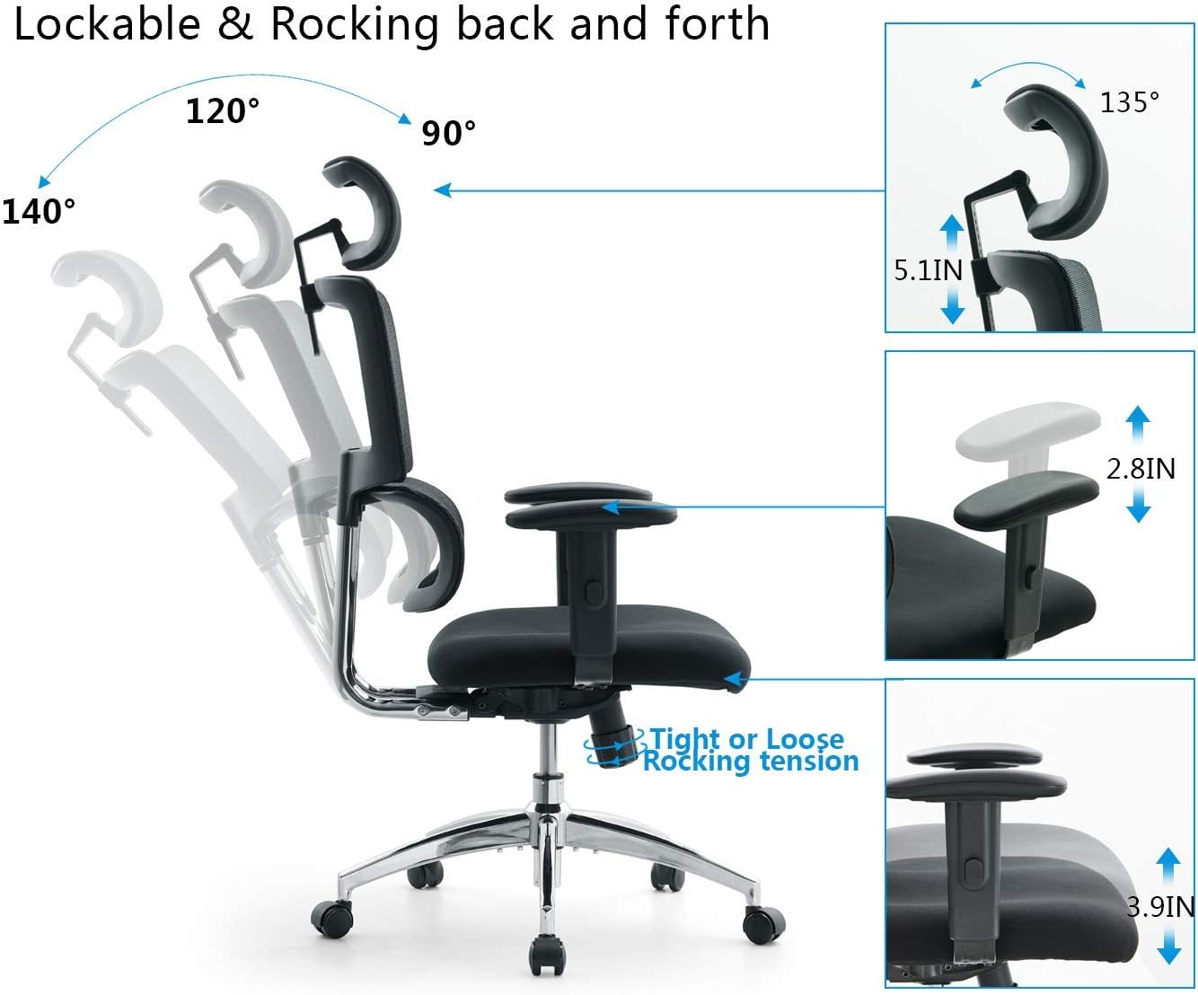 Ticova Ergonomic Office Chair - High Back Desk Chair with Elastic Lumbar Support & Thick Seat Cushion - 140°Reclining & Rocking Mesh Computer Chair with Adjustable Headrest, Armrest : Office Products