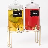 Glass Drink Dispensers For Parties, 2 PACK 1 Gallon Beverage Dispenser With Lids, Gold Metal Stand And Spigot 100% Leak proof. Lemonade Dispenser With Chalk board