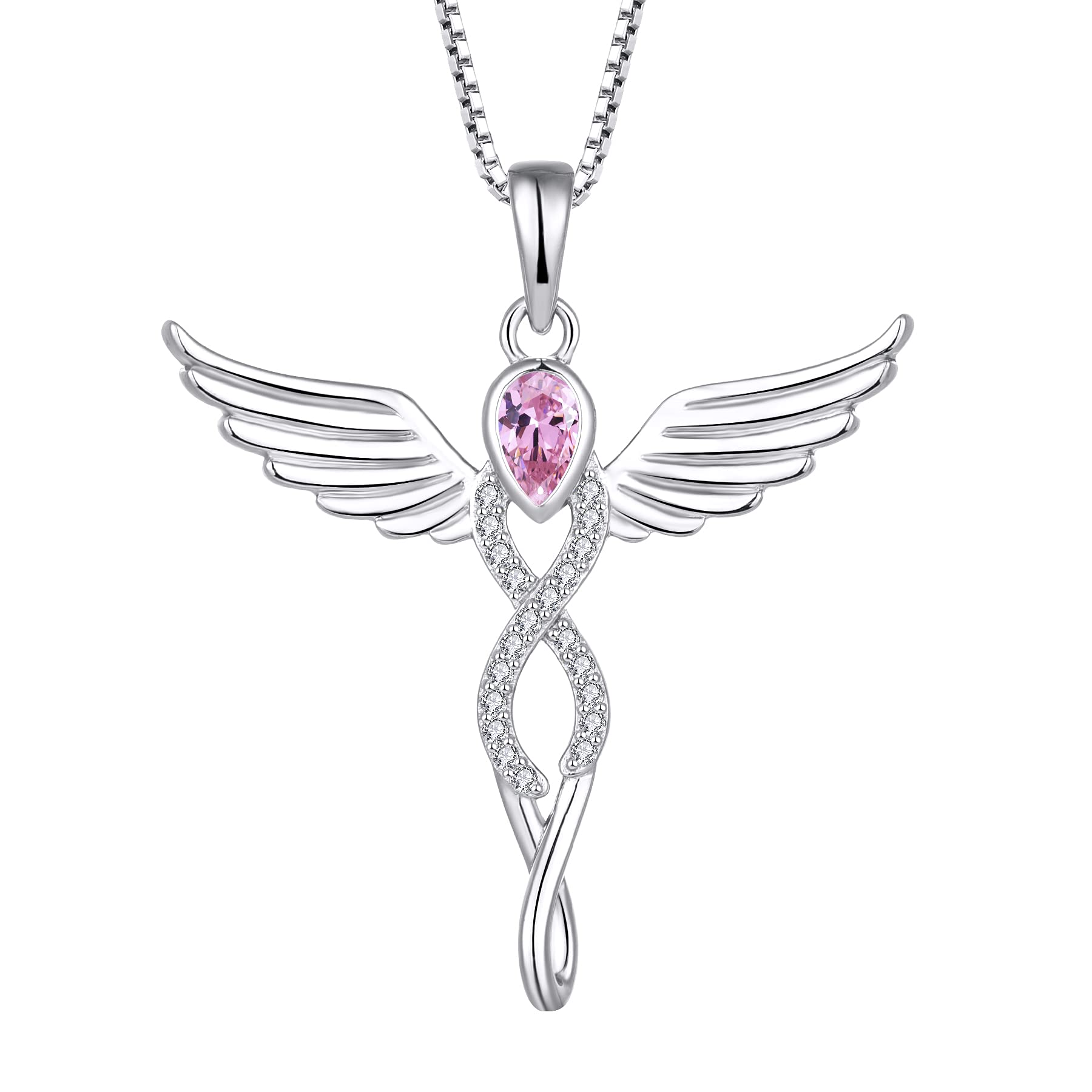 FJ Guardian Angel Necklace 925 Sterling Silver Infinity Angel Wings Pendant Pink Tourmaline Necklace October Birthstone Jewellery for Women